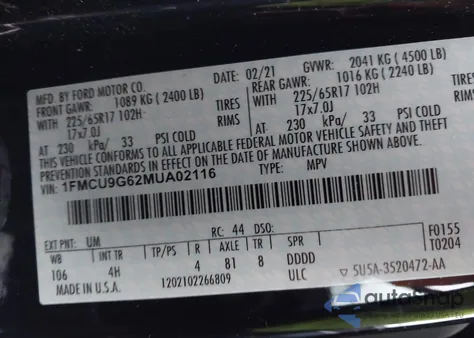 2021 Ford Escape Se z USA, uszkodzony, nr VIN 1FMCU9G62MUA02116